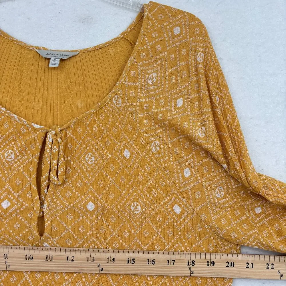 Lucky Brand Peasant Bouse Size M Golden‎ Yellow Print Peasant Tied Deep V Neck